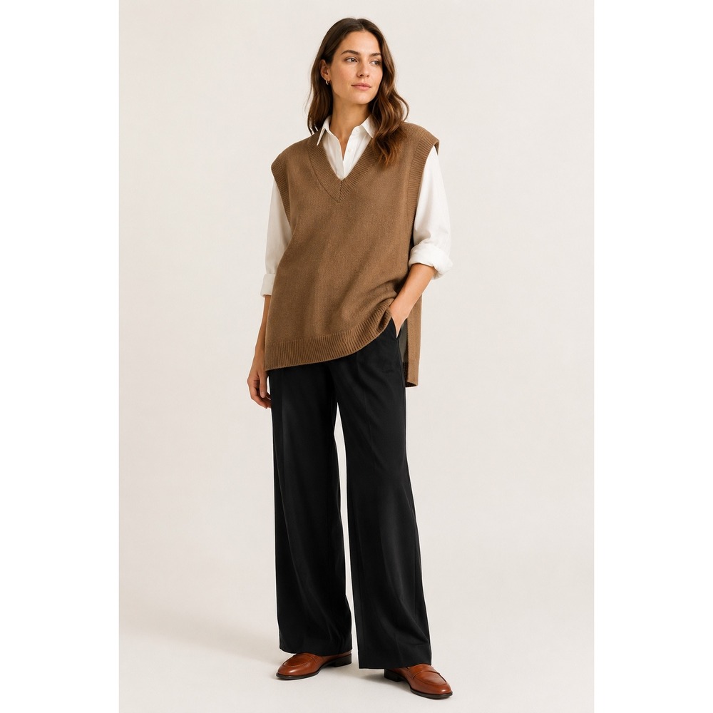 Oak + Fort Brown Knit V-Neck Sweater Vest OS Dark Academia Minimalist Old Money